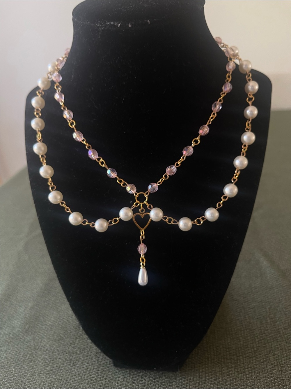Gold-Tone Pearl & Pink Crystal Layered Heart Drop Necklace